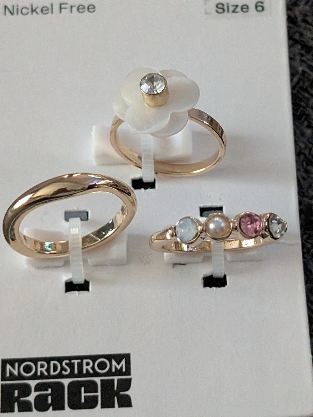 Nordstrom Gold-Tone Floral & Multi-Gem Ring Trio — White, Pink, Pearl
